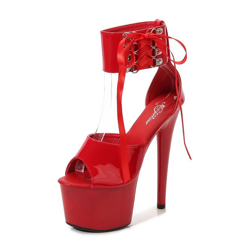 Nightclub Pole Dance Women Sexy Solid Color Lace-Up Platform 17Cm Thin Heeled Sandals