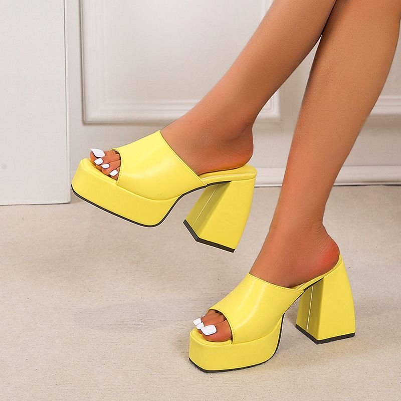 Women Fashion Square Toe Solid Color Chunky Heel Slippers Plus Size