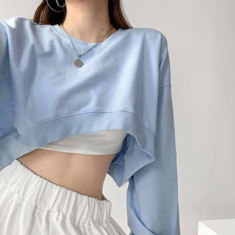Custom Women Solid Color Loose Round Neck Long Sleeve Crop Loose Sweatshirt