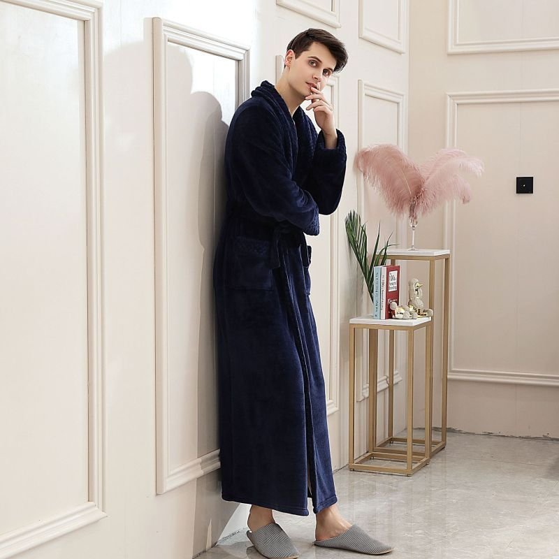 Men Winter Fashion Casual Home Solid Color Flannel Lapel Long Sleeve Robes Sleepwear