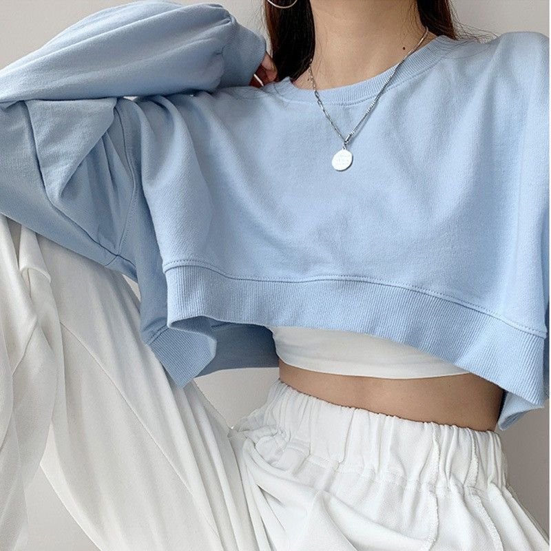 Custom Women Solid Color Loose Round Neck Long Sleeve Crop Loose Sweatshirt