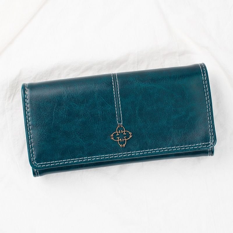 Women Fashion Vintage Oil Wax Leather Multi-Card Change Wallet Long Wallet
