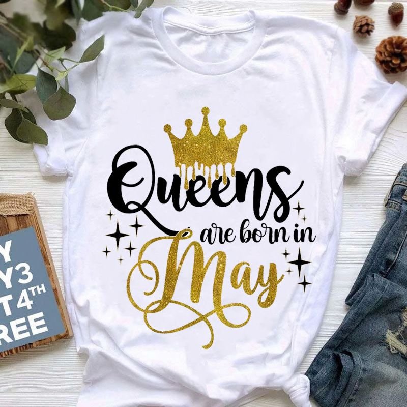 Fashion Women'S Short Sleeve Birthday Month Printed Crew Neck T-Shirt