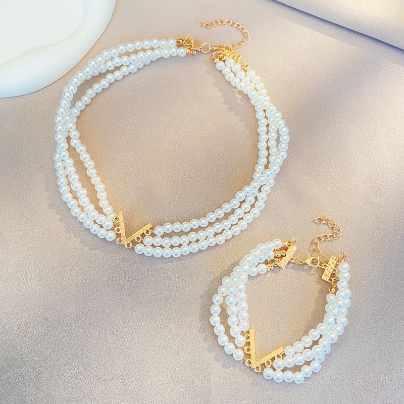 Women Fashion Creative V-Neck Pearl Multi-Layer Necklace Bracelet