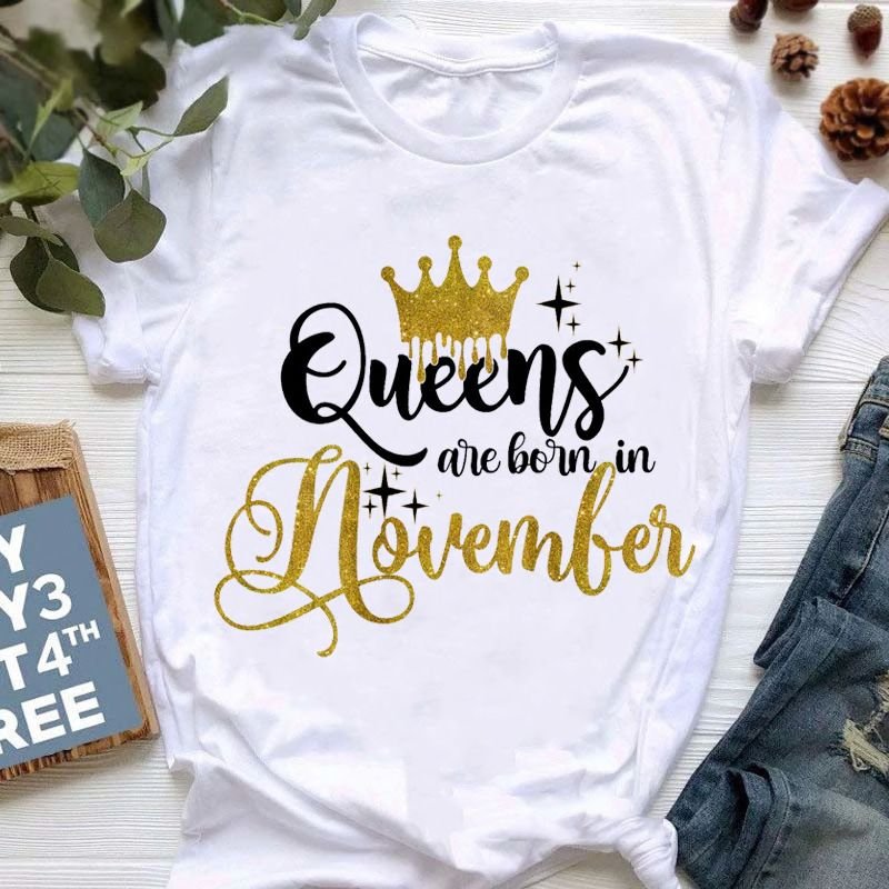 Fashion Women'S Short Sleeve Birthday Month Printed Crew Neck T-Shirt