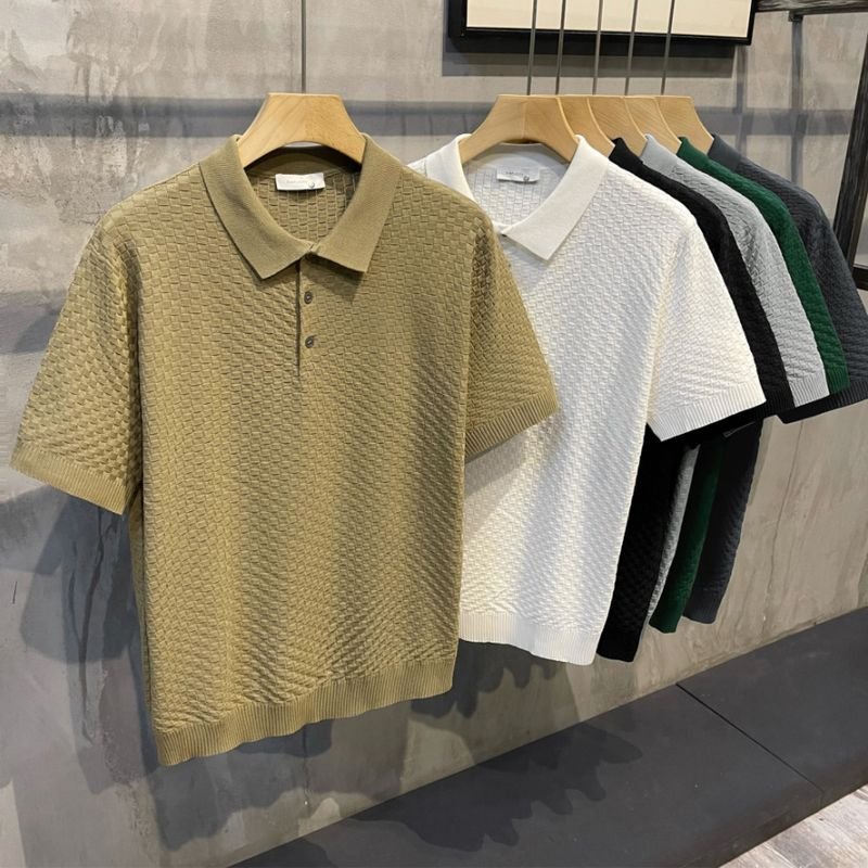 Men Fashion Casual Basic Solid Color Rib-Knit Short Sleeve Lapel POLO Shirt