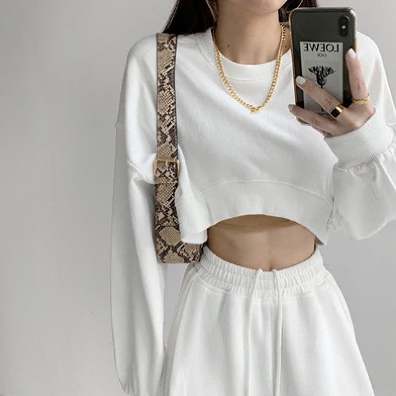 Custom Women Solid Color Loose Round Neck Long Sleeve Crop Loose Sweatshirt