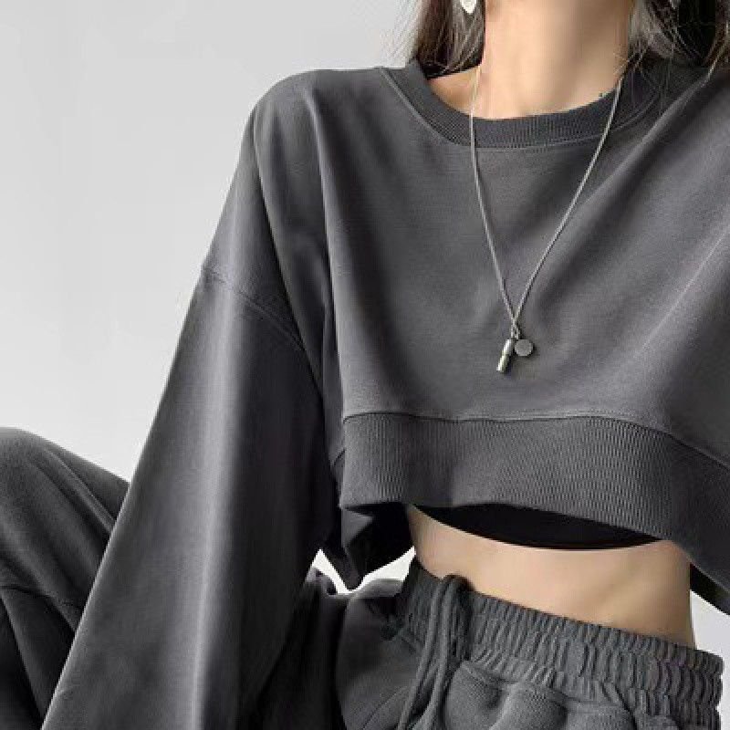 Custom Women Solid Color Loose Round Neck Long Sleeve Crop Loose Sweatshirt