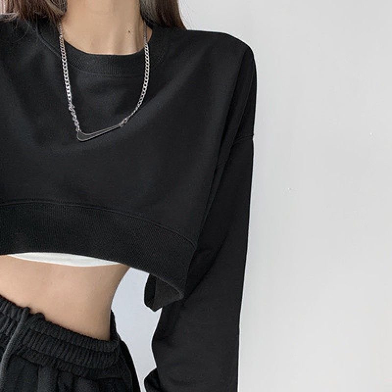 Custom Women Solid Color Loose Round Neck Long Sleeve Crop Loose Sweatshirt
