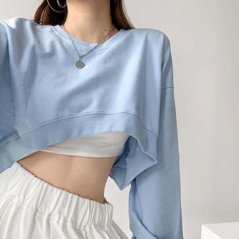 Custom Women Solid Color Loose Round Neck Long Sleeve Crop Loose Sweatshirt