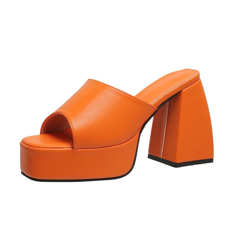 Women Fashion Square Toe Solid Color Chunky Heel Slippers Plus Size