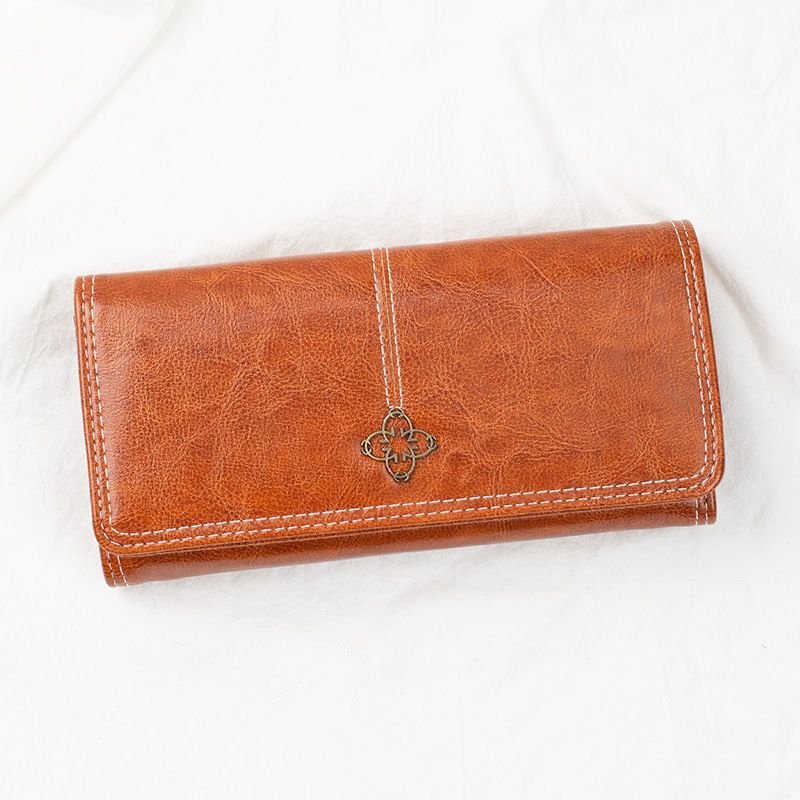 Women Fashion Vintage Oil Wax Leather Multi-Card Change Wallet Long Wallet
